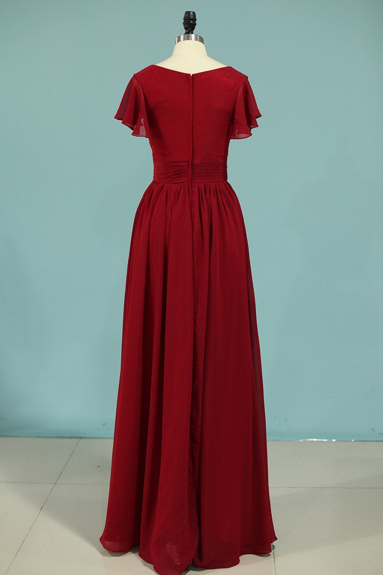 Red V-Neck Ruffled A-Line Long Bridesmaid Dress