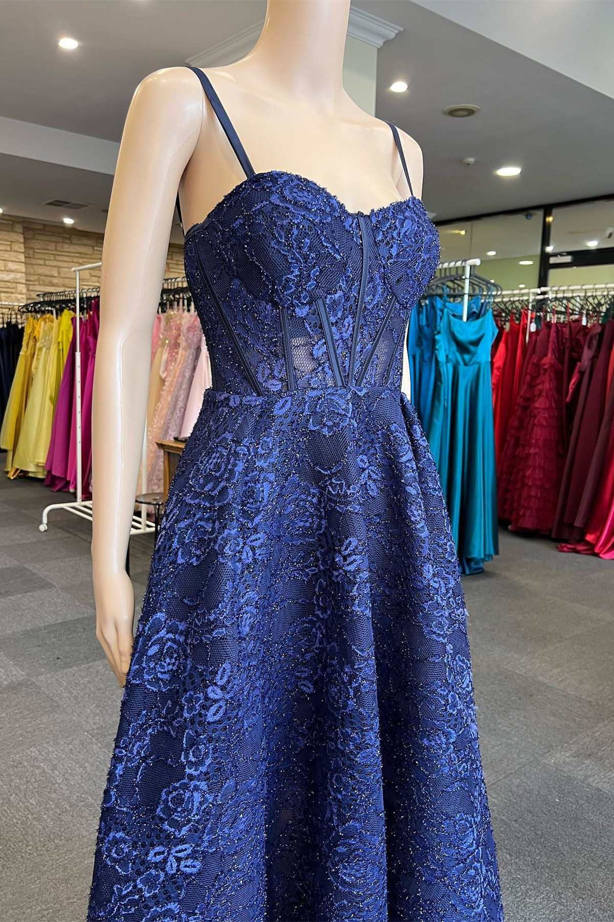 A-Line Navy Blue Lace Straps Long Prom Dress