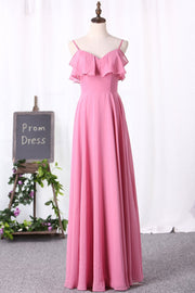 Pink Spaghetti Straps Ruffled Long Bridesmaid Dress
