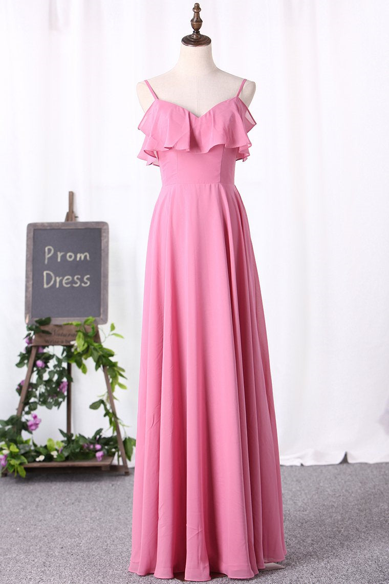 Pink Spaghetti Straps Ruffled Long Bridesmaid Dress Modsele Pink Spaghetti Straps Ruffled Long Bridesmaid Dress Modsele