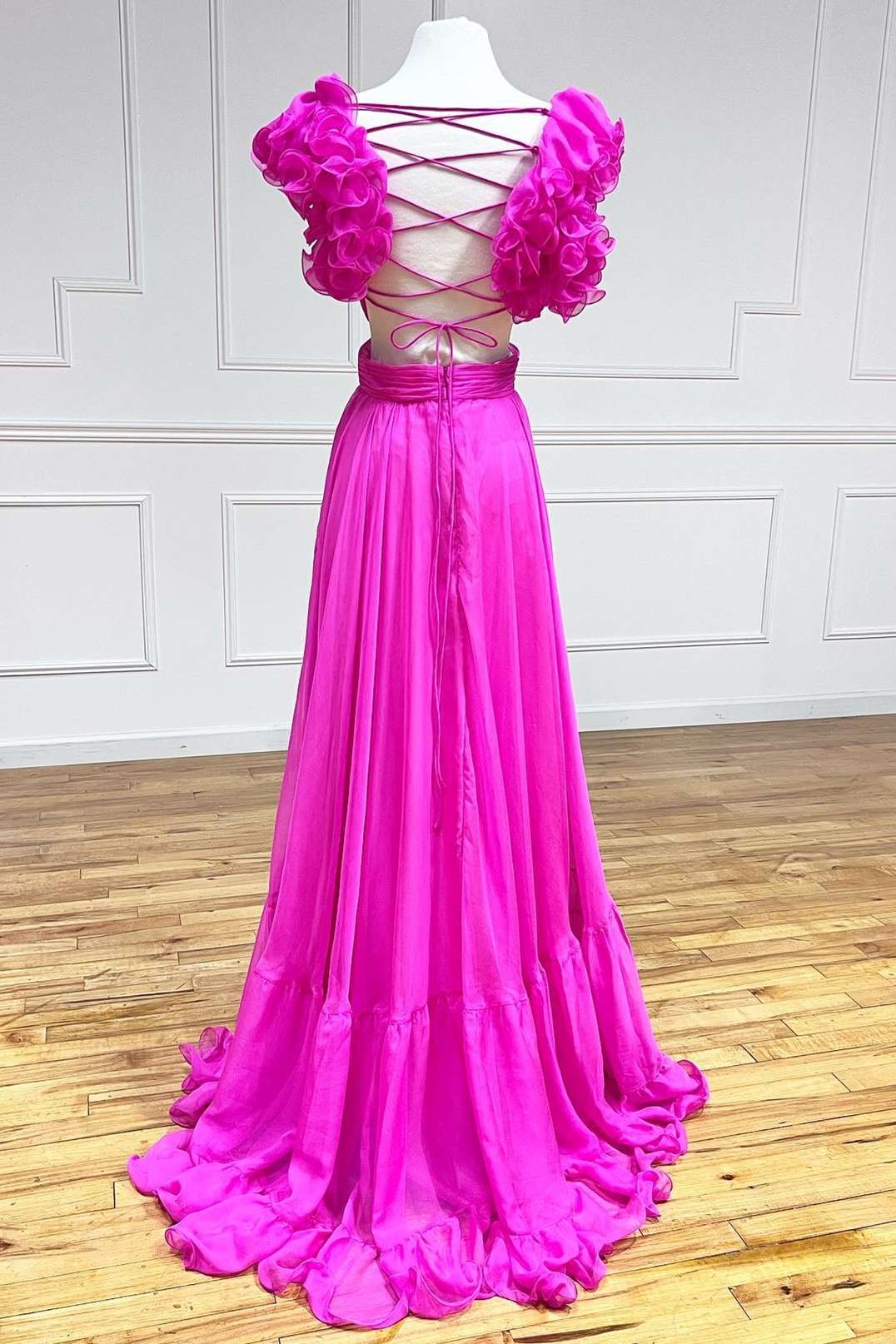 Magenta Chiffon Lace-Up Ruffle Belted A-Line Prom Dress