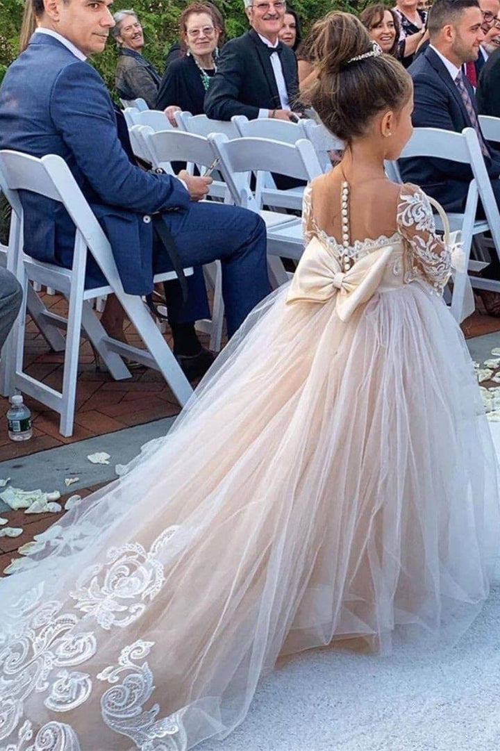 White Lace Off-the-Shoulder Floor-Length Flower Girl Dress