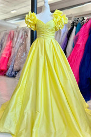 A-Line Yellow Off-the-Shoulder Ruffled Sleeve Prom Gown