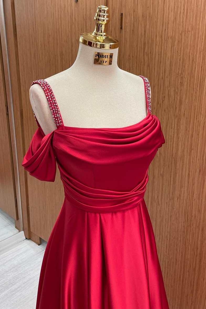 Red Satin Cold-Shoulder A-Line Prom Dress