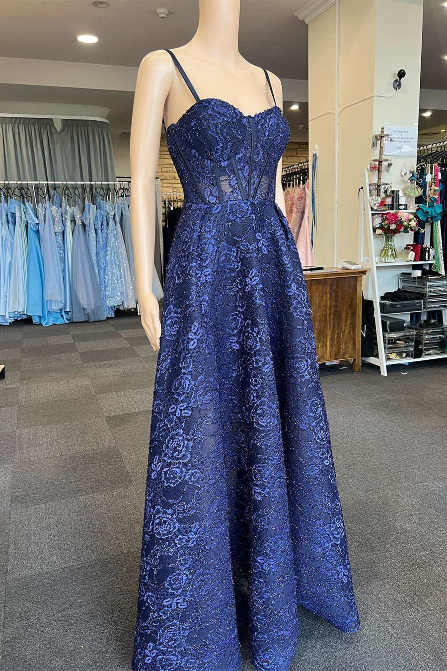 A-Line Navy Blue Lace Straps Long Prom Dress
