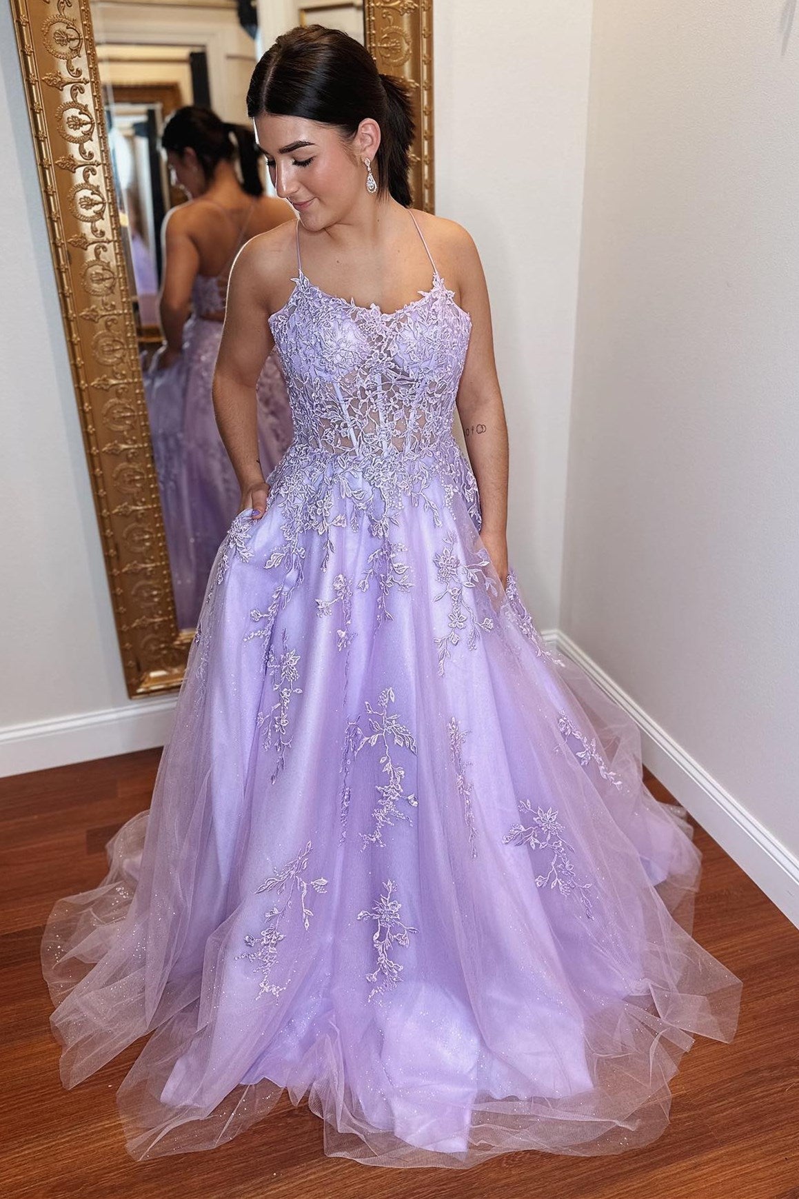Lavender Tulle Applique Lace-Up Back A-Line Prom Dress