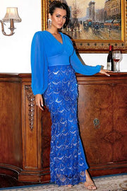 Royal Blue Fringes V-Neck Long Cocktail Dress with Slit