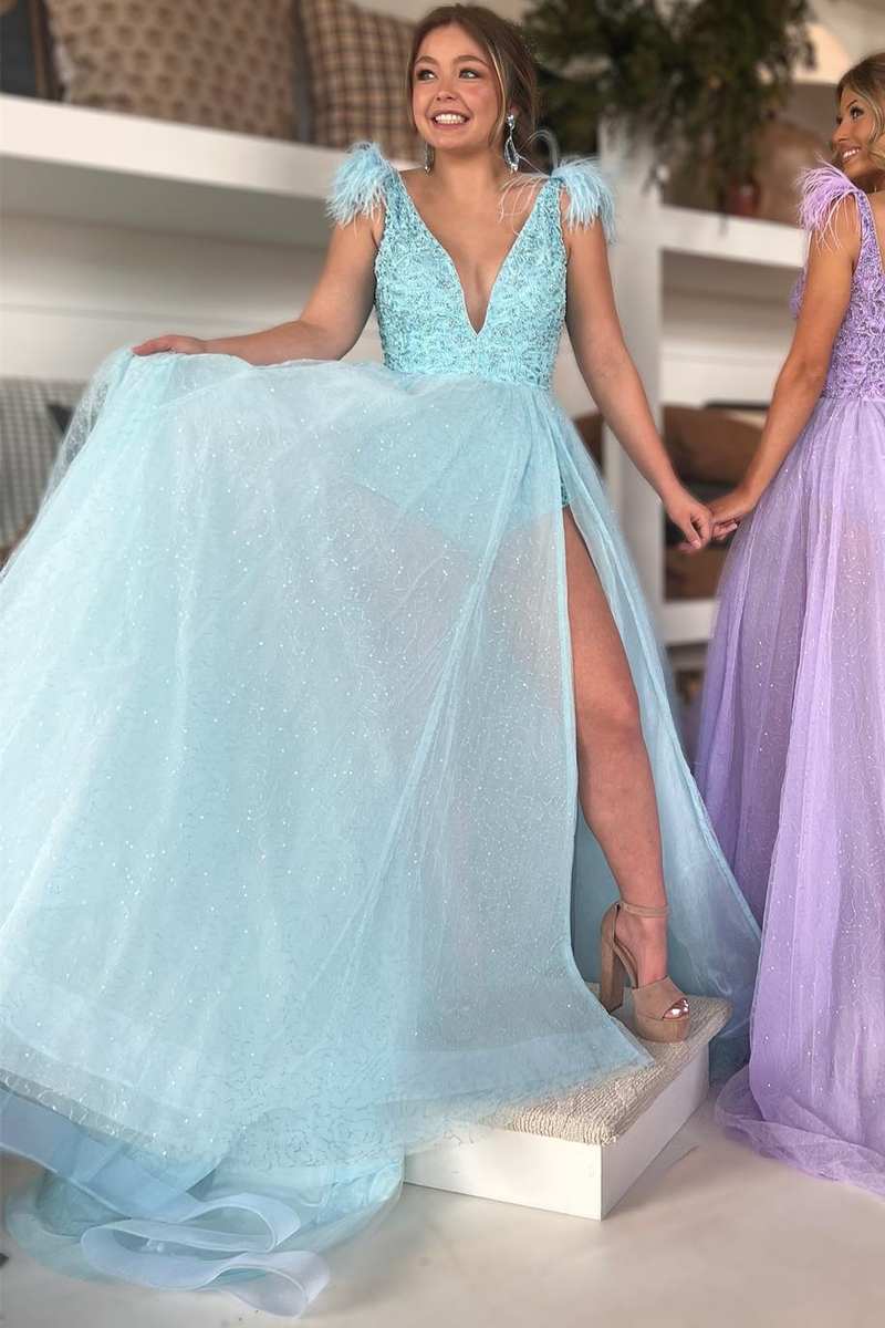 Aqua Beaded Prom Dresses