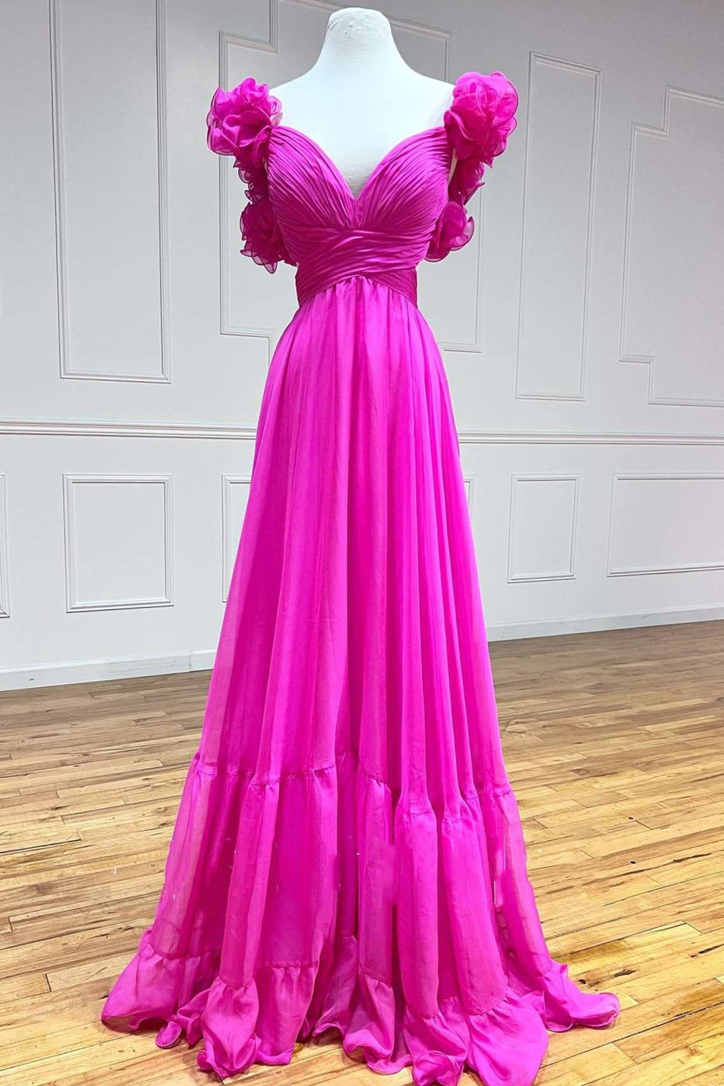 Magenta Chiffon Lace-Up Ruffle Belted A-Line Prom Dress – Modsele