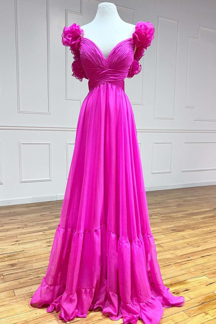 Magenta Chiffon Lace-Up Ruffle Belted A-Line Prom Dress Modsele Magenta Chiffon Lace-Up Ruffle Belted A-Line Prom Dress Modsele