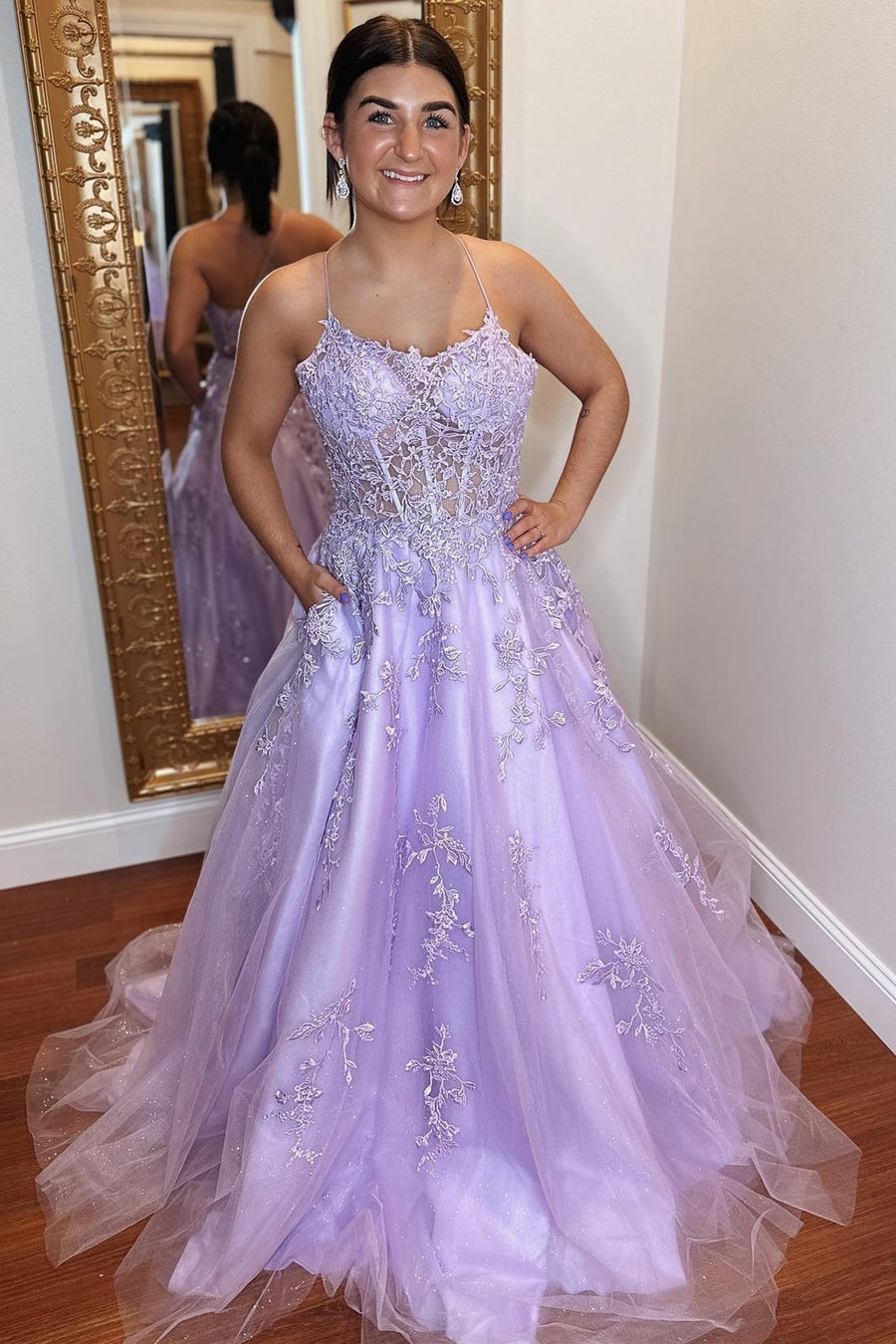 Lavender Tulle Applique Lace-Up Back A-Line Prom Dress