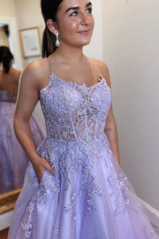 Lavender Tulle Applique Lace-Up Back A-Line Prom Dress