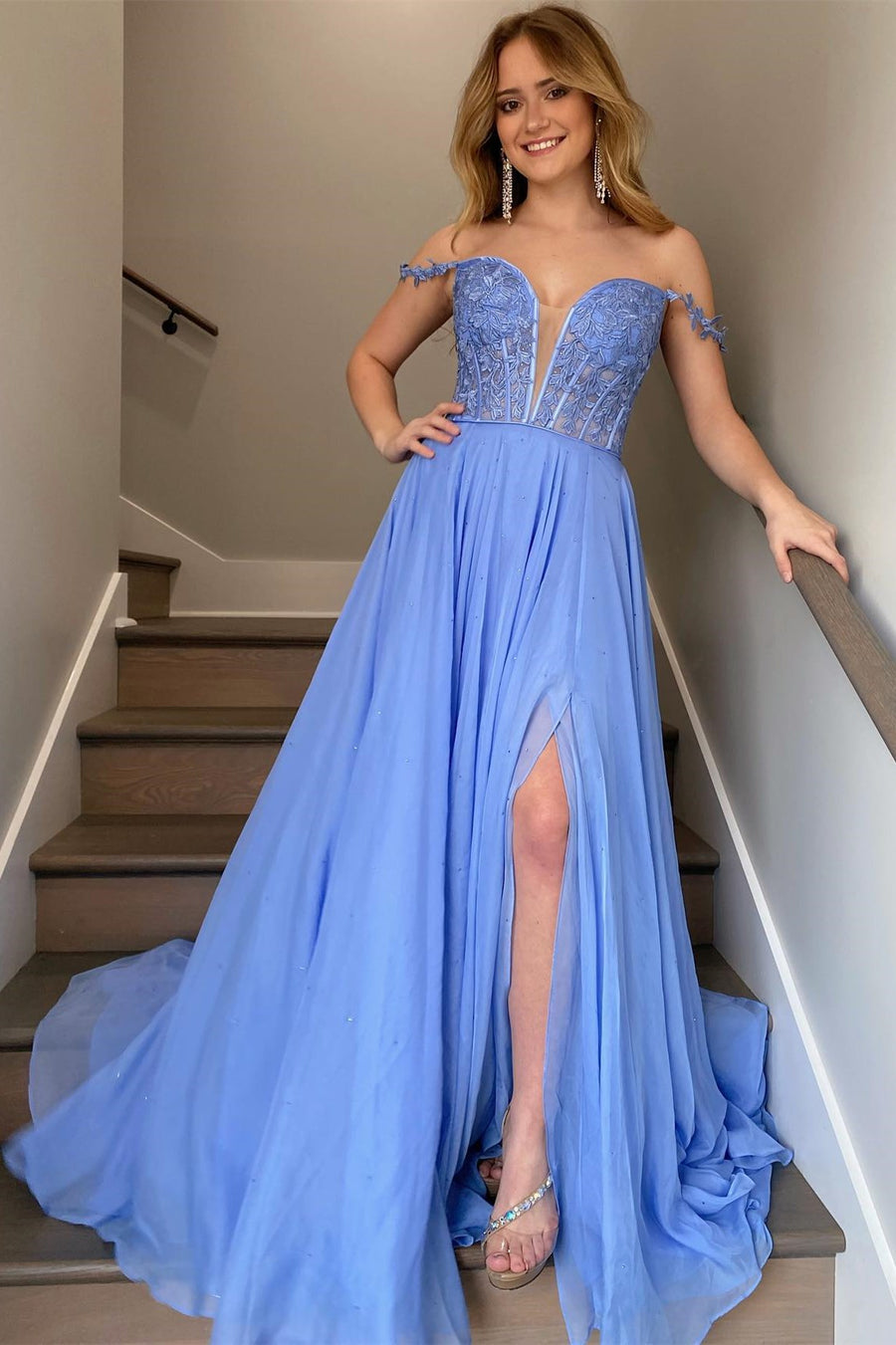 Periwinkle Off-the-Shoulder A-line Princess Prom Gown