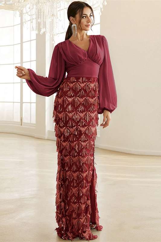 Royal Blue Fringes V-Neck Long Cocktail Dress with Slit