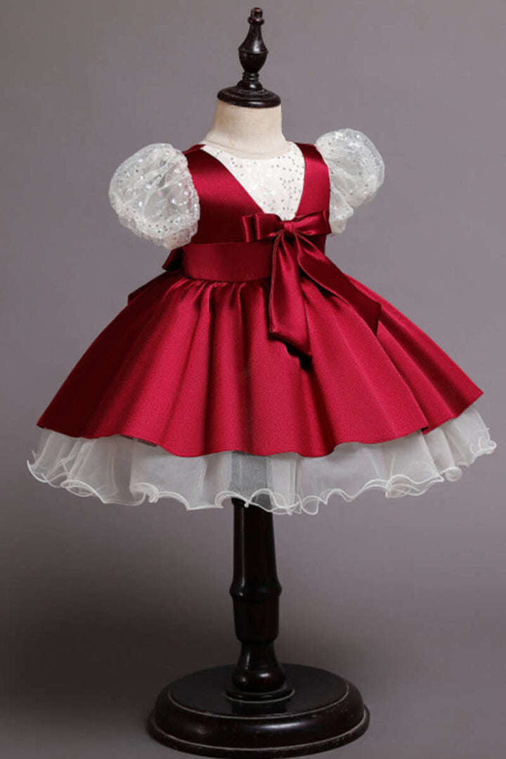 Wine Red Sequin Puff Sleeve Bow Girl Ball Gown