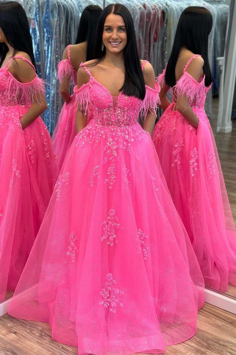 Hot Pink Tulle Applique Cold-Shoulder A-Line Prom Dress with Feathers