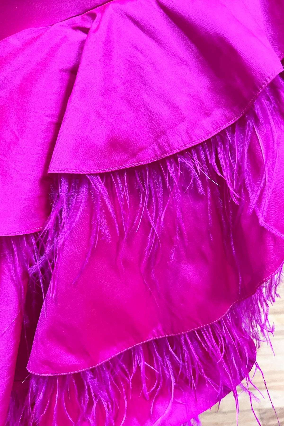 Magenta Satin Feather V-Neck High-Low Prom Dress