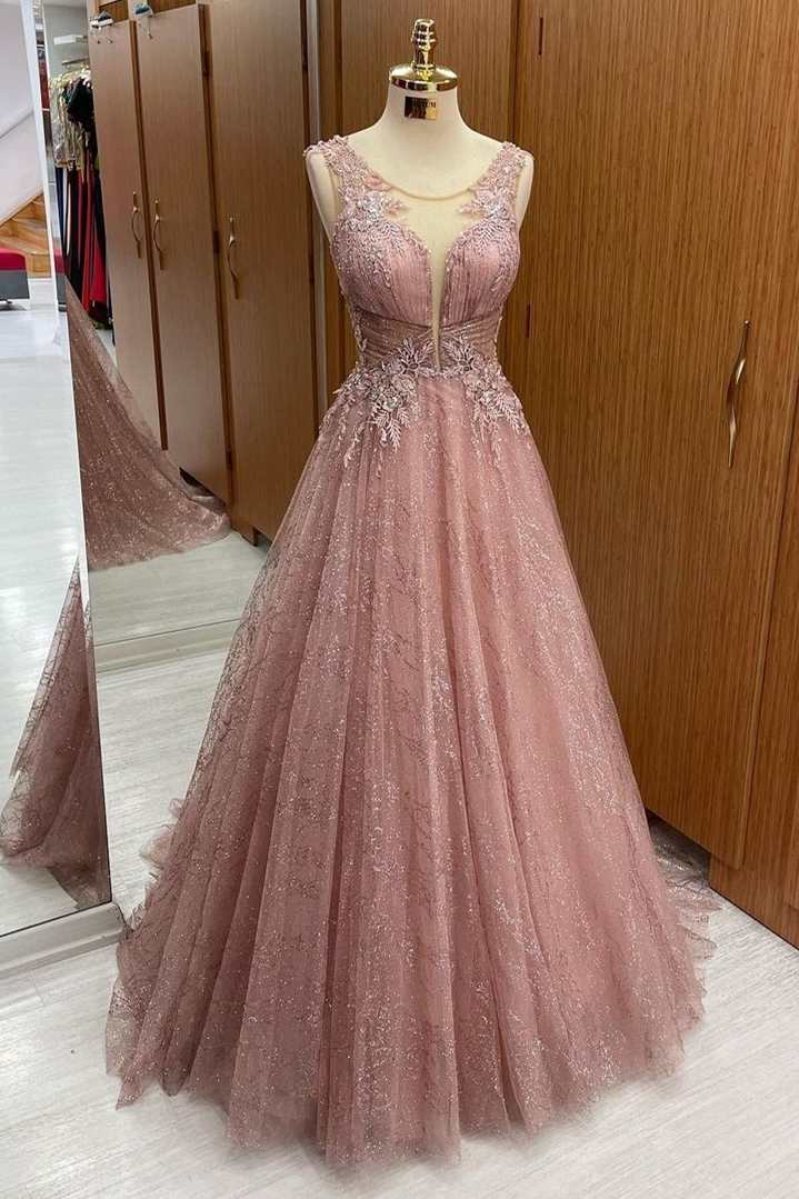 Dusky Pink Floral Lace Sheer Straps A-Line Prom Dress
