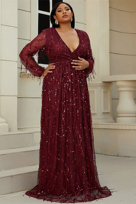 Plus Size Wine Red Fringes V-Neck Long Sleeve A-Line Prom Dress Modsele Plus Size Wine Red Fringes V-Neck Long Sleeve A-Line Prom Dress Modsele