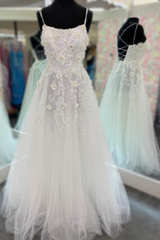 White Tulle Floral Applique Lace-Up Back A-Line Long Prom Dress