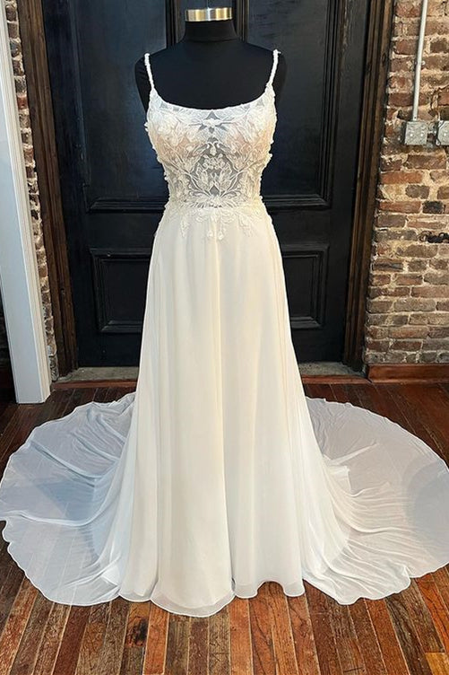 White Floral Lace Scoop Neck Floor-Length Wedding Dress