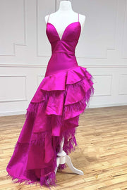 Magenta Satin Feather V-Neck High-Low Prom Dress