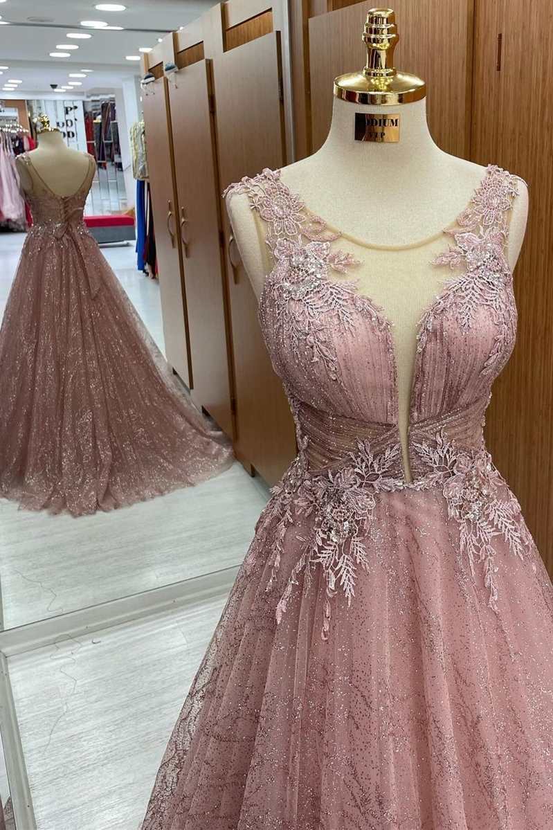 Dusky Pink Floral Lace Sheer Straps A-Line Prom Dress