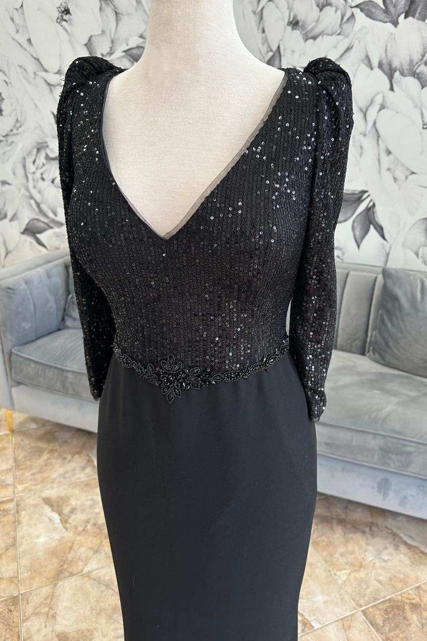 Black Sequin Plunge V Long Sleeve Formal Dress