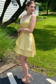 A-Line Yellow V-Neck Short Homecoming Dress
