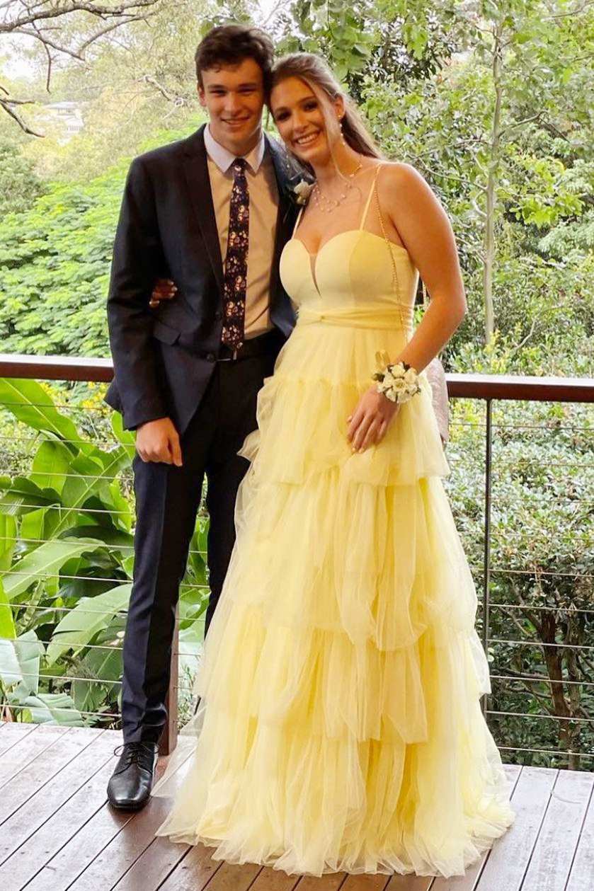 Yellow Straps Multi-Tiered A-Line Long Prom Dress