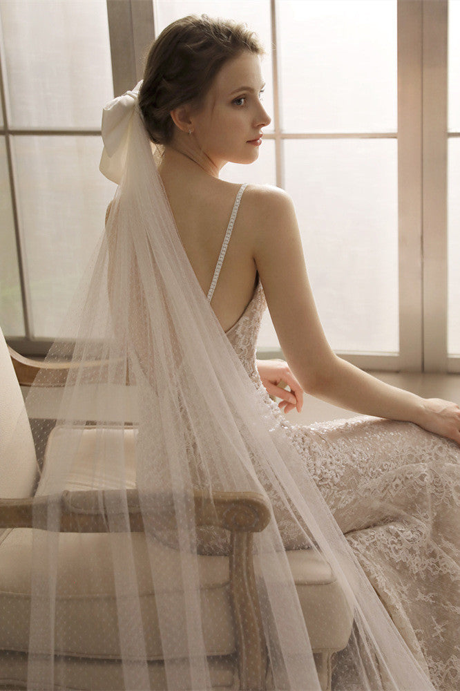 White Bow Polka Dot Long Bridal Veil