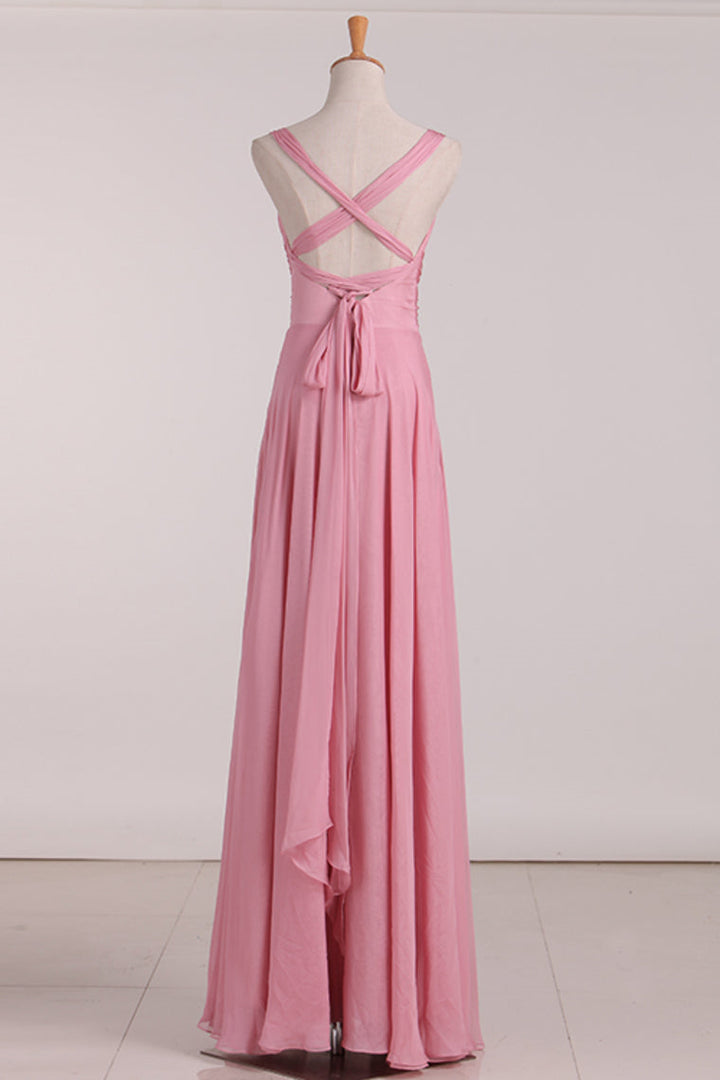 Pink Lace-Up Back Long Bridesmaid Dress
