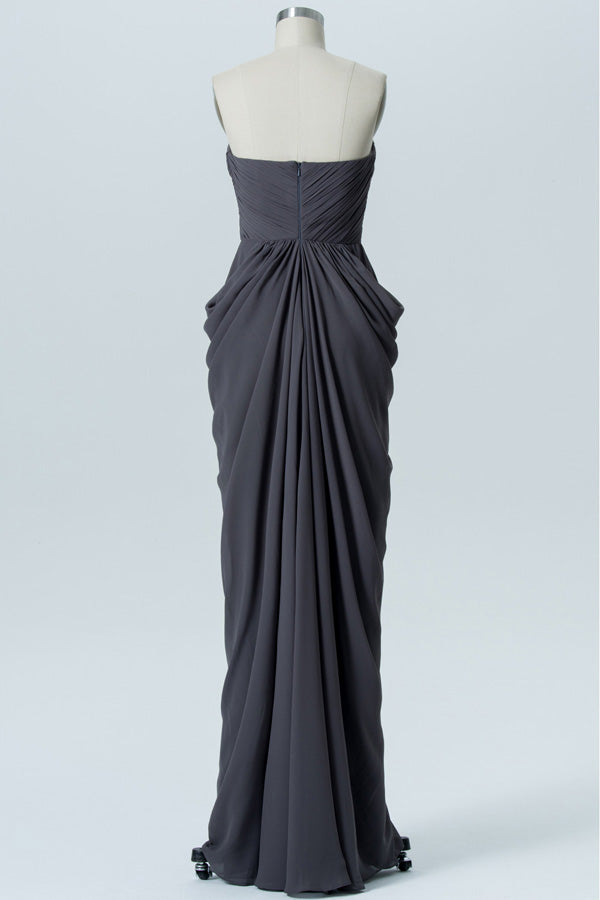 Charcoal Grey Chiffon Strapless Sheath Long Bridesmaid Dress