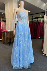 Light Blue Lace Strapless A-Line Long Prom Dress