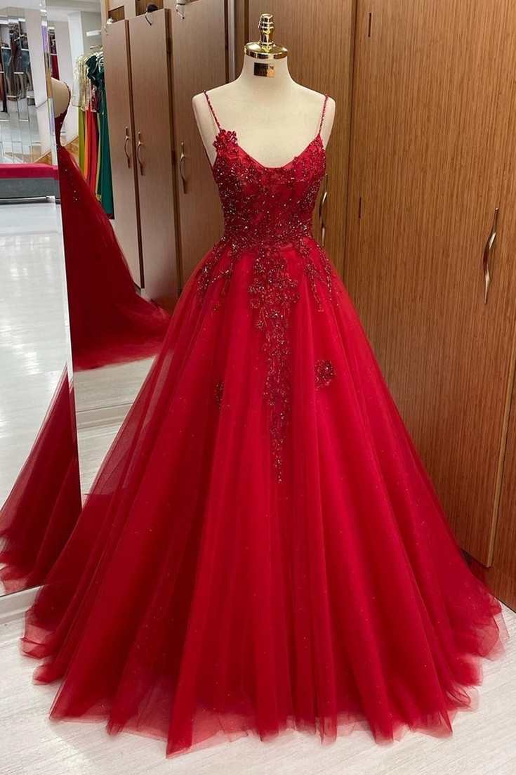 Red Tulle and Lace Scoop Neck A-Line Prom Dress