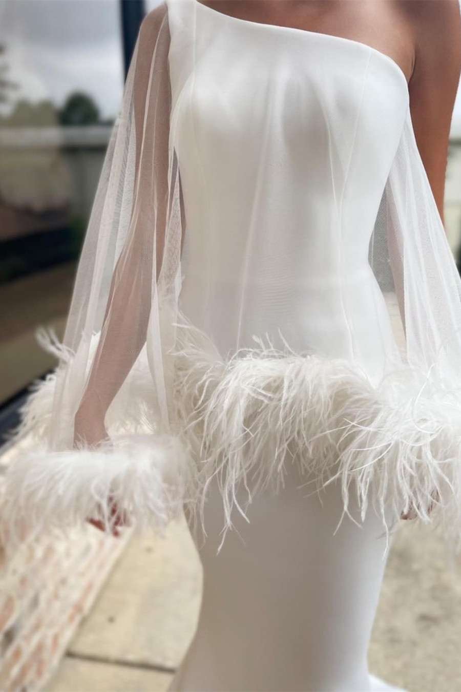 one shoulder feather wedding dress ONE-SHOULDER FEATHERED LONG LEG SLIT WEDDING GOWN