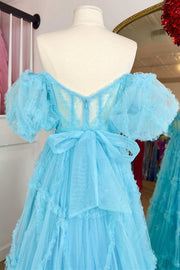 Light Blue Sheer Corset Ruffles A-Line Prom Dress with Puff Sleeves