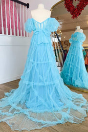 Light Blue Sheer Corset Ruffles A-Line Prom Dress with Puff Sleeves
