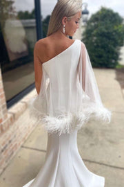 Chic One-Shoulder Mermaid Long Wedding Dress with Feathered Cape