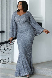 Plus Size Gray Sequin V-Neck Long Sleeve Mermaid Prom Dress