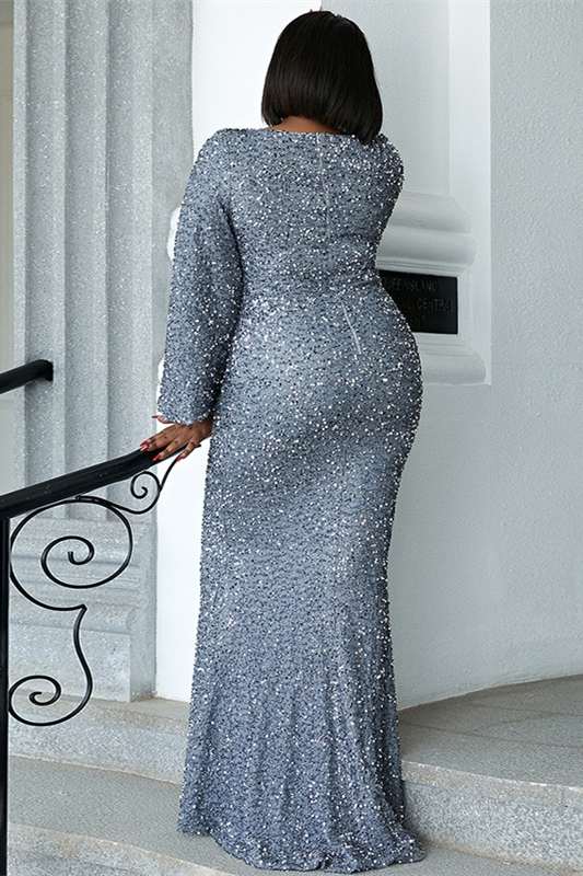 Plus Size Gray Sequin V-Neck Long Sleeve Mermaid Prom Dress Modsele Plus Size Gray Sequin V-Neck Long Sleeve Mermaid Prom Dress Modsele