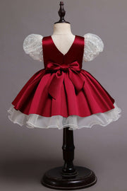 Wine Red Sequin Puff Sleeve Bow Girl Ball Gown