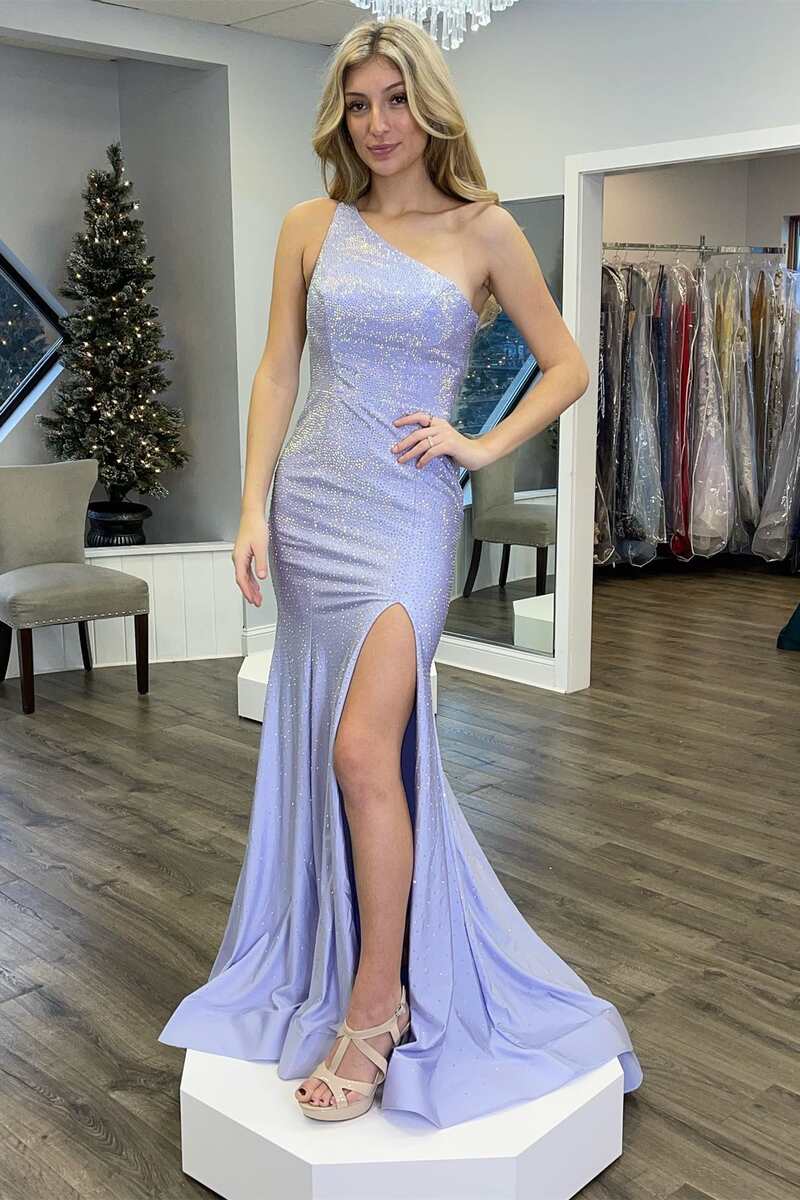 Shiny Lavender Beaded One-Shoulder Mermaid Long Prom Dress