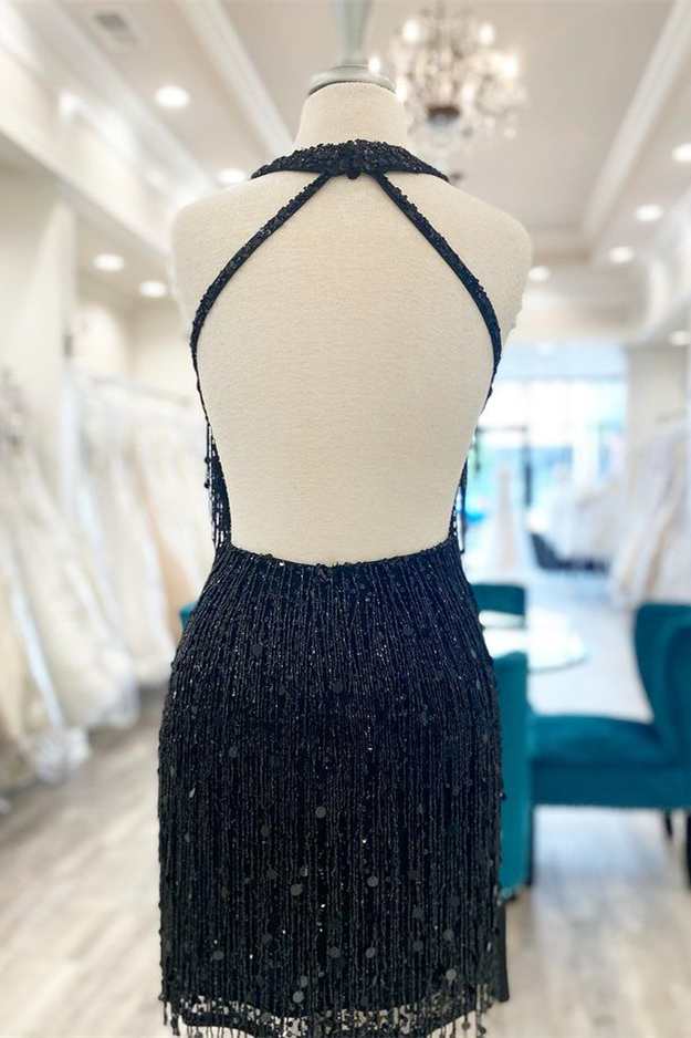 Black Fringes Halter Backless Short Party Dress Modsele Black Fringes Halter Backless Short Party Dress Modsele