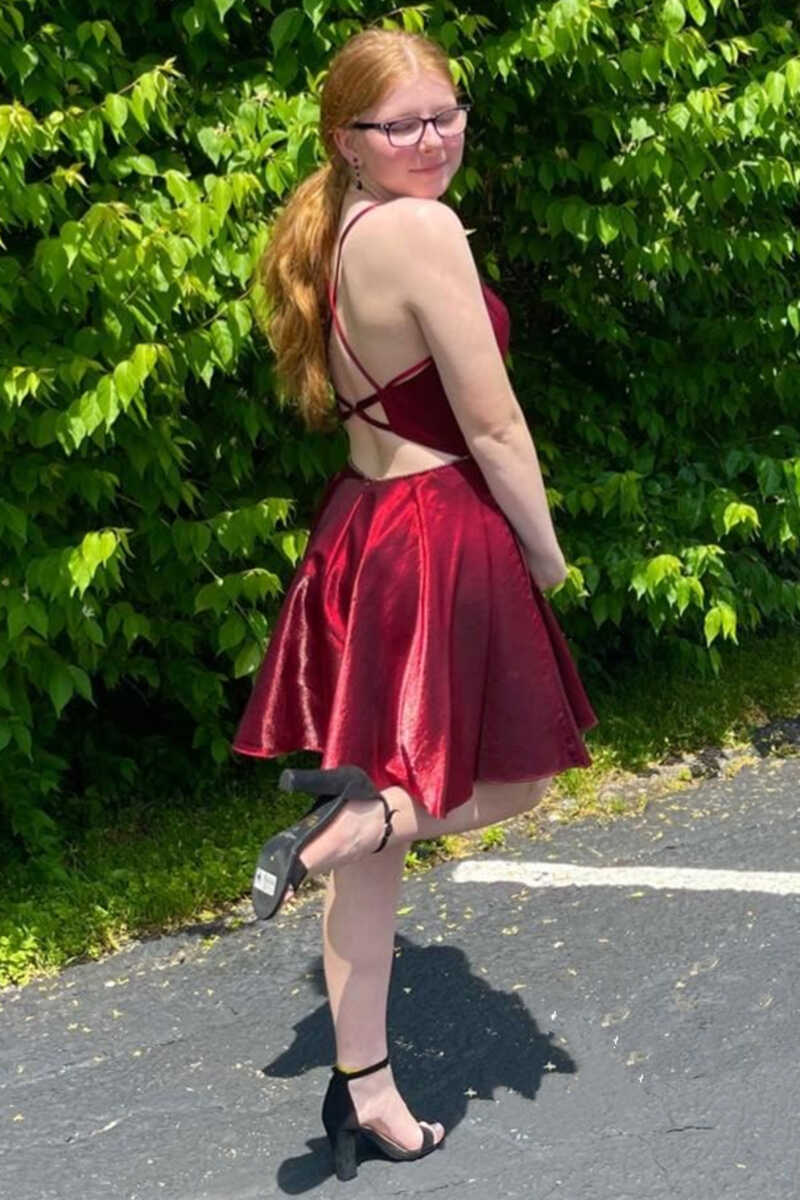 Wine Red Plunge Neck Backless A-Line Short Homecoming Dress