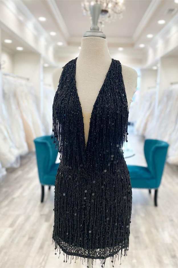 Black Fringes Halter Backless Short Party Dress Modsele Black Fringes Halter Backless Short Party Dress Modsele