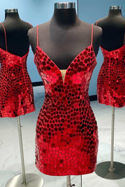 Red Cut Glass Mirror V-Neck Straps Bodycon Mini Party Dress