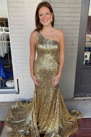 Gold Sequin One-Shoulder Trumpet Long Prom Dress