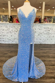Blue Iridescent Sequin Strapless Mermaid Formal Dress with Slit