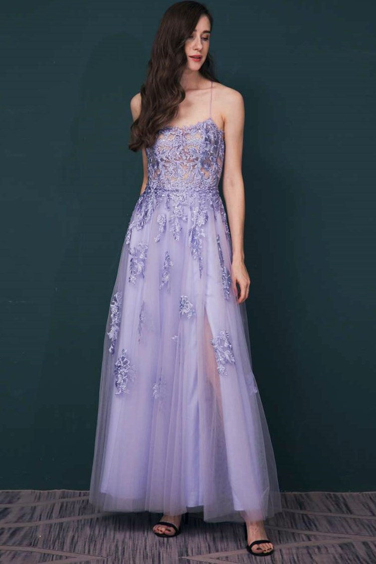 Black Applique Lace-Up Back A-Line Prom Dress – Modsele